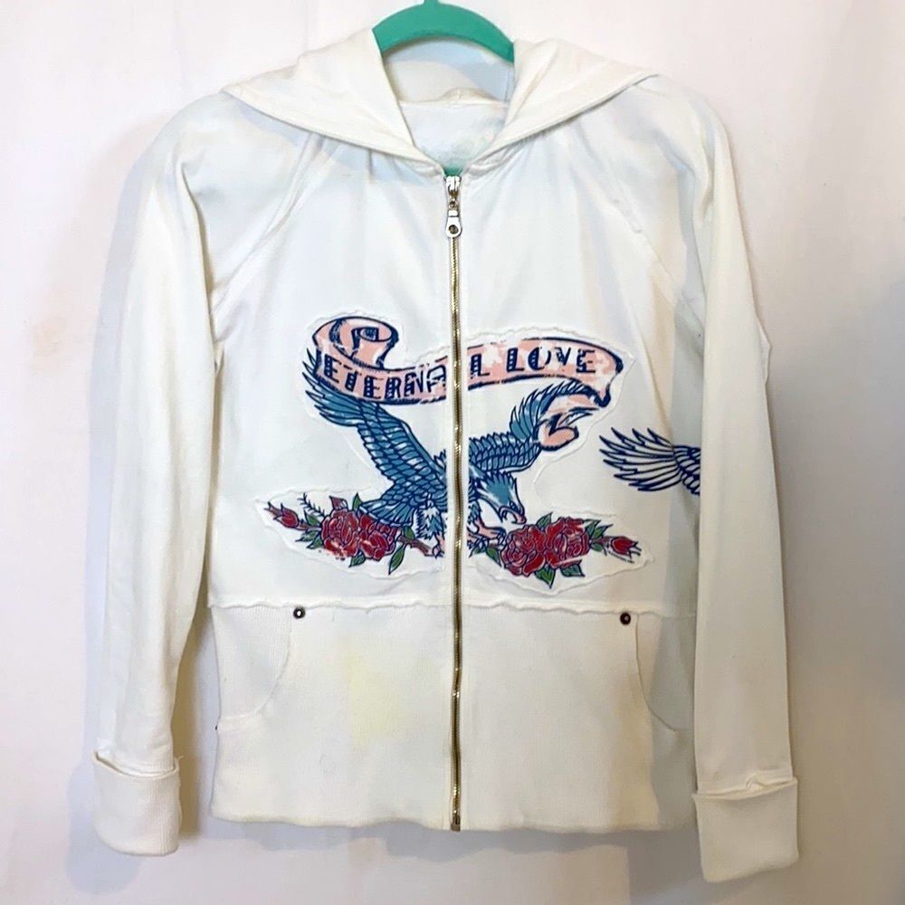 Vintage Y2K Hoodie Sweatshirt Bejeweled Susan Fixel Tattoo Art S/M Ed Hardy vibe - Picture 3 of 12